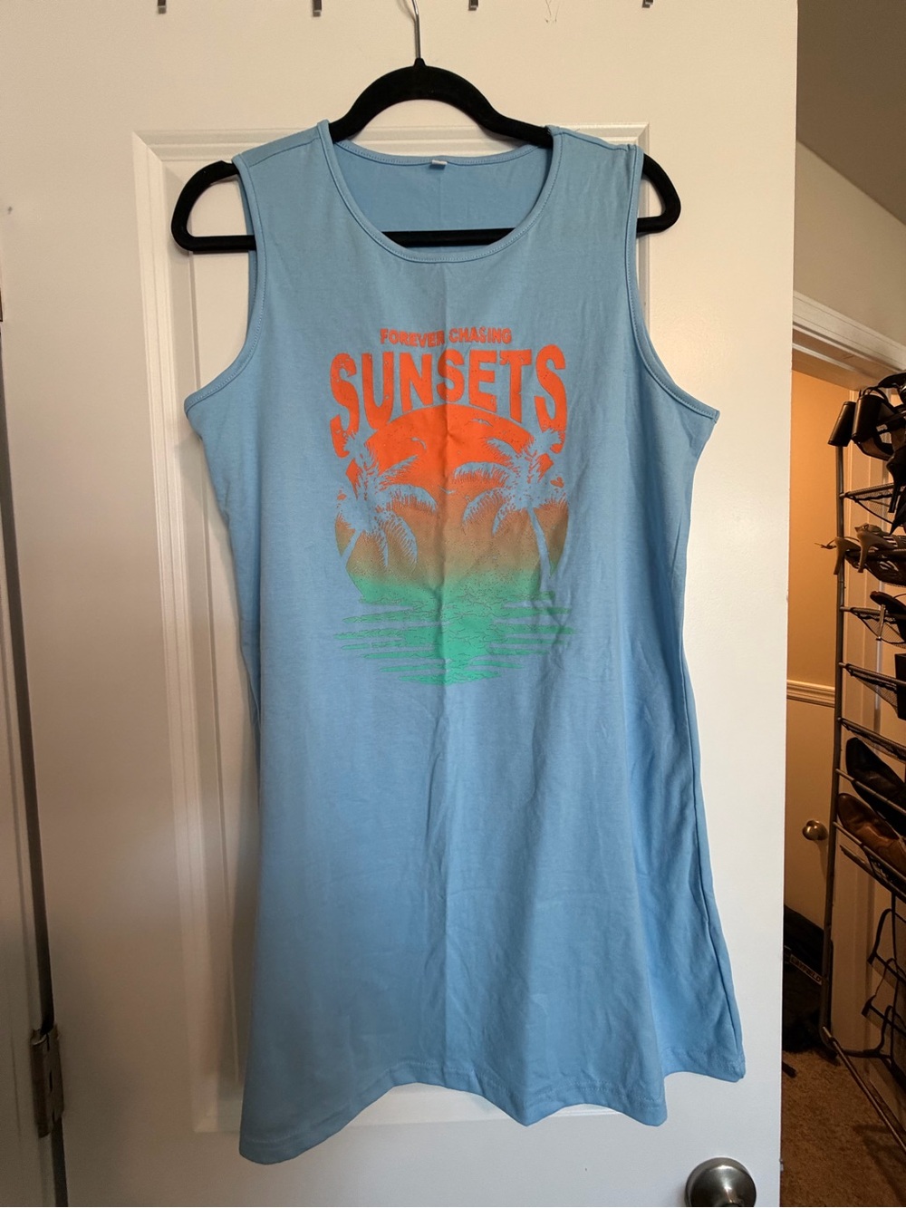 Women’s Light Blue Sleeveless Sunset Graphic Dress